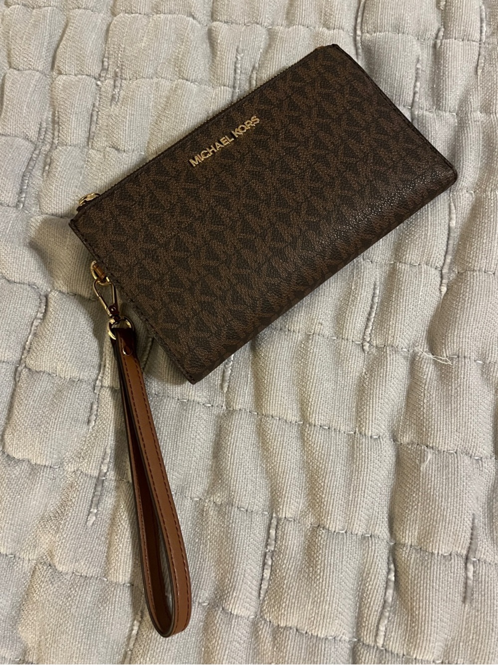 Michael Kors Brown Logo Zip Wristlet with Gold Hardware